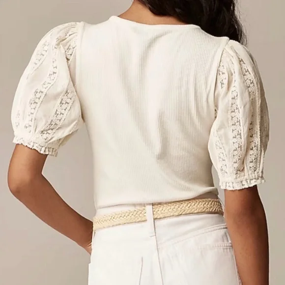 J. Crew Vintage Rib Top with Lace Sleeves Ivory Size Medium M - Picture 2 of 9